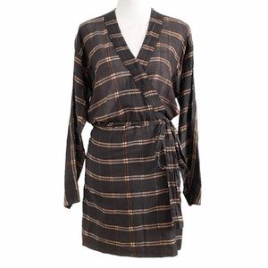 ISABEL MARANT ETOILE MUTED BLACK RED WHITE PLAID FAUX WRAP LONG SLEEVE DRESS